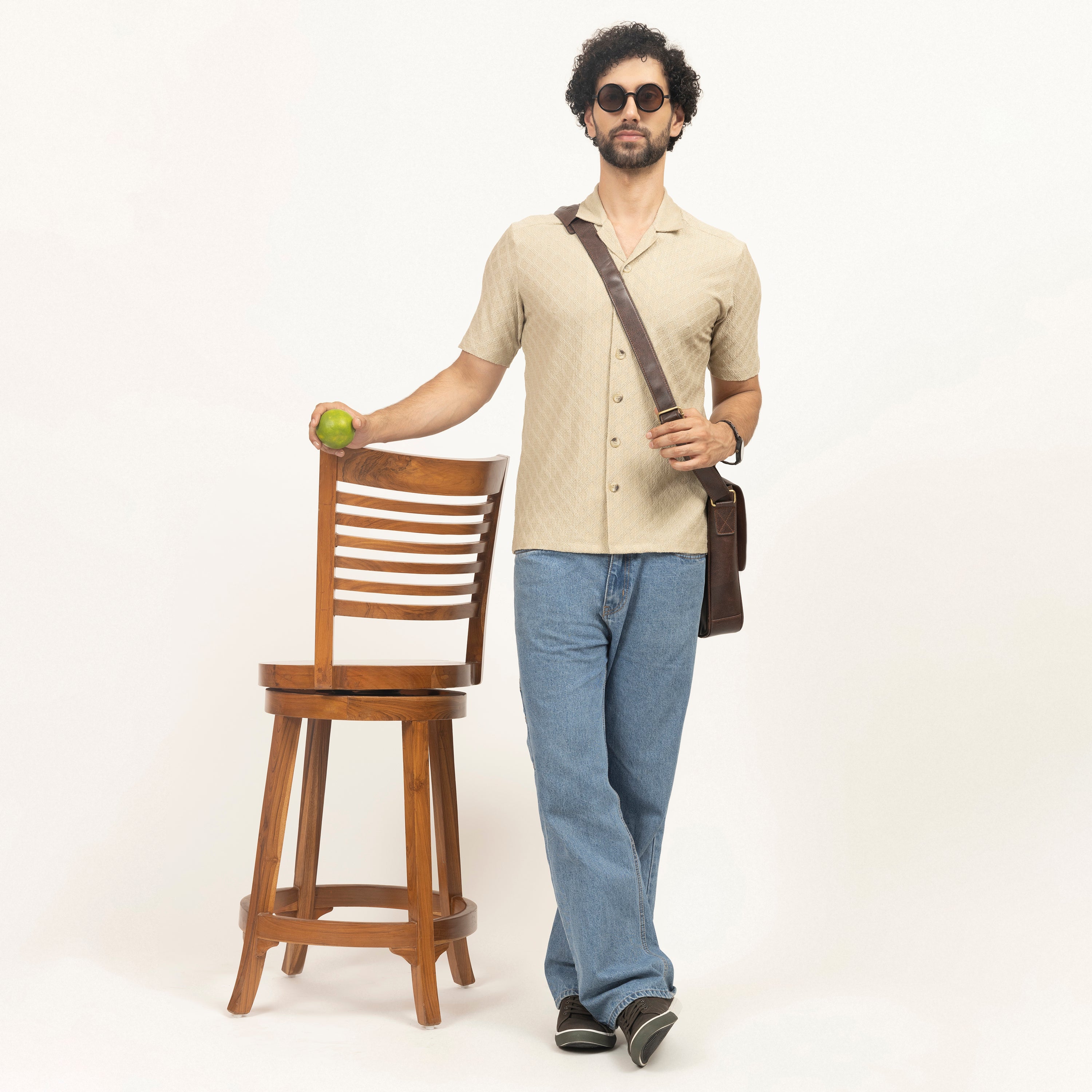Beige Diamond Textured Lycra Shirt for Men