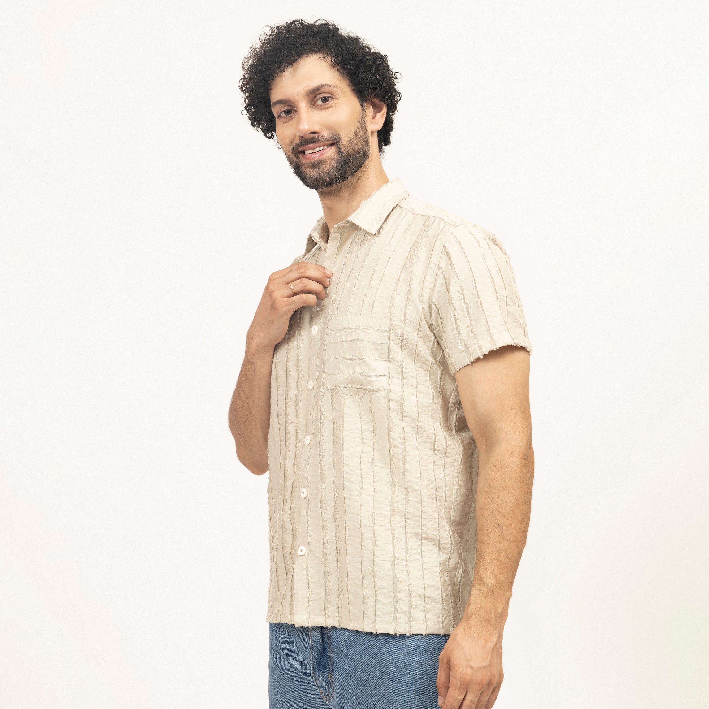 Beige Patch Textured Shirt for Men-1