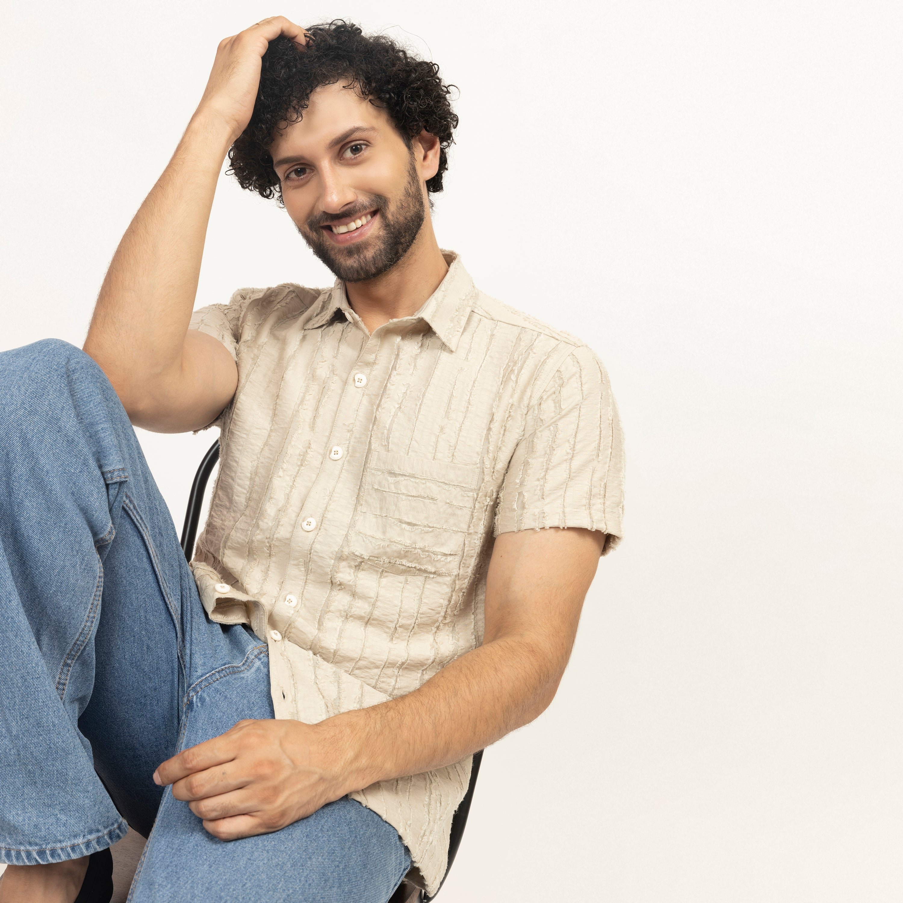 Beige Patch Textured Shirt for Men