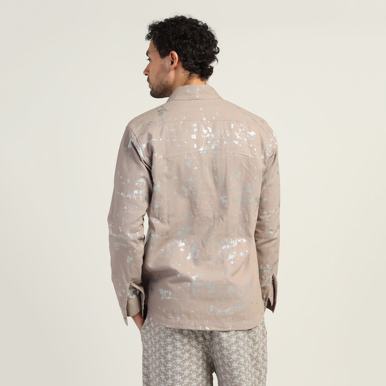 Beige Silver Overlap Foil Jacket for Men-5