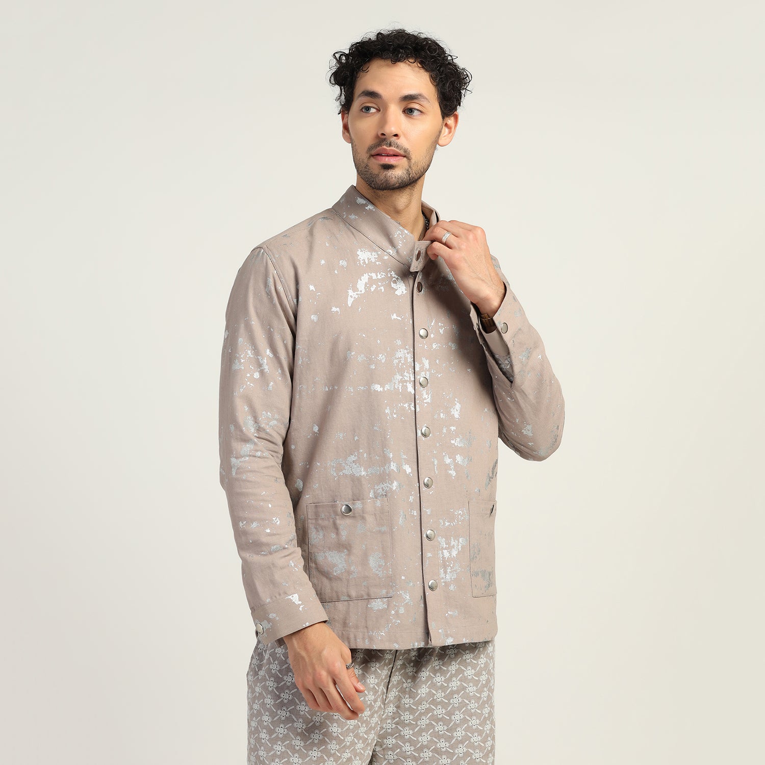 Beige Silver Overlap Foil Jacket for Men-4