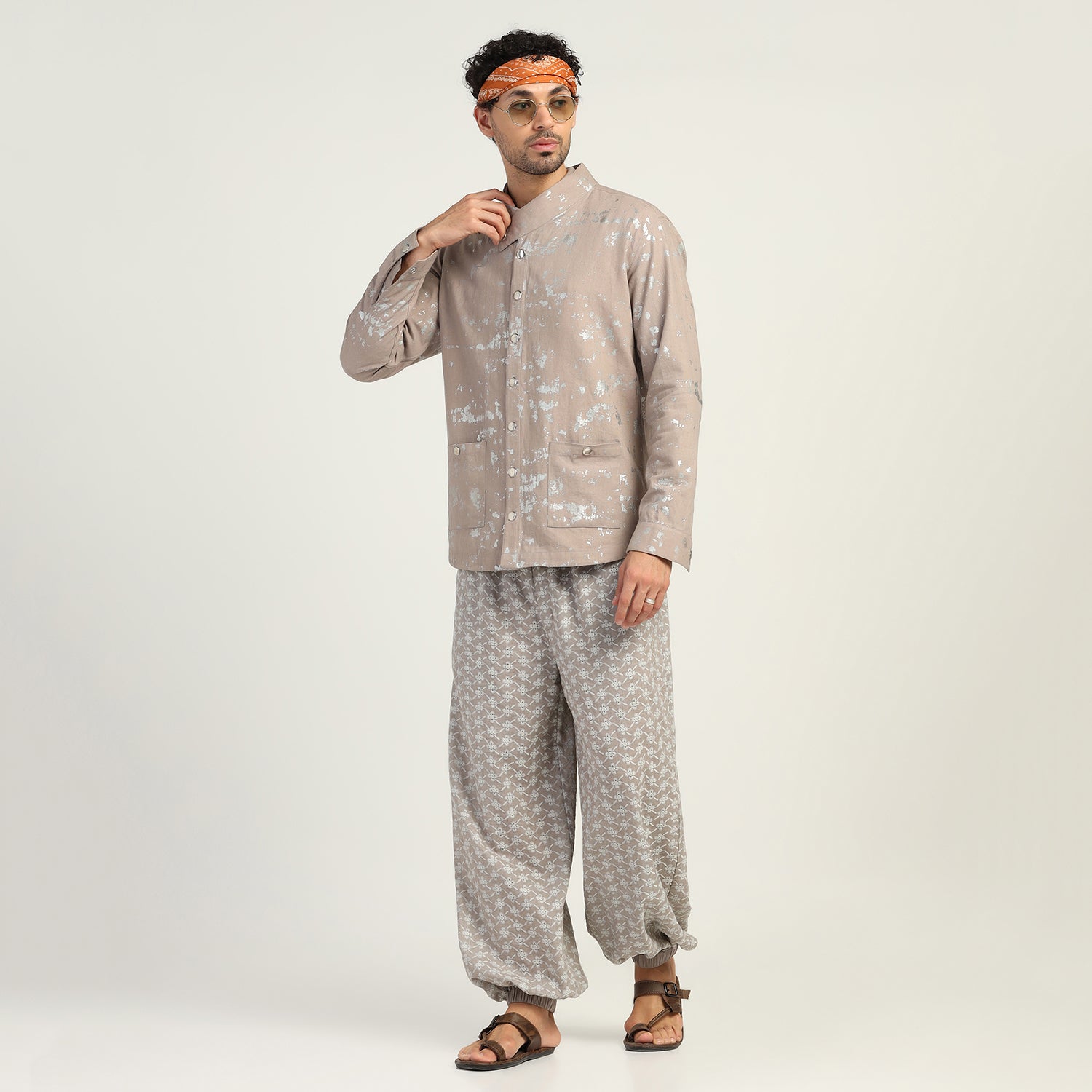 Beige Silver Overlap Foil Jacket for Men-8