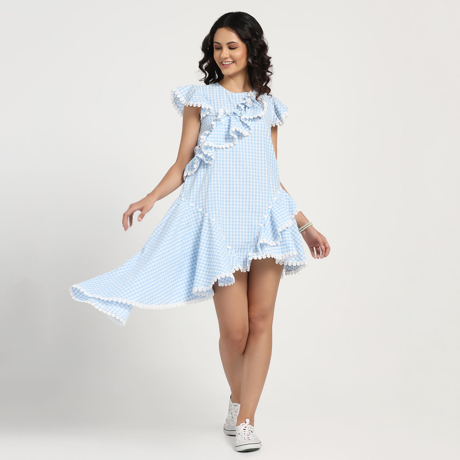 Blue Check Asymmetrical Ruffle Dress, Mesh Dress , Party dress , Holographic print dress , sequins dress
