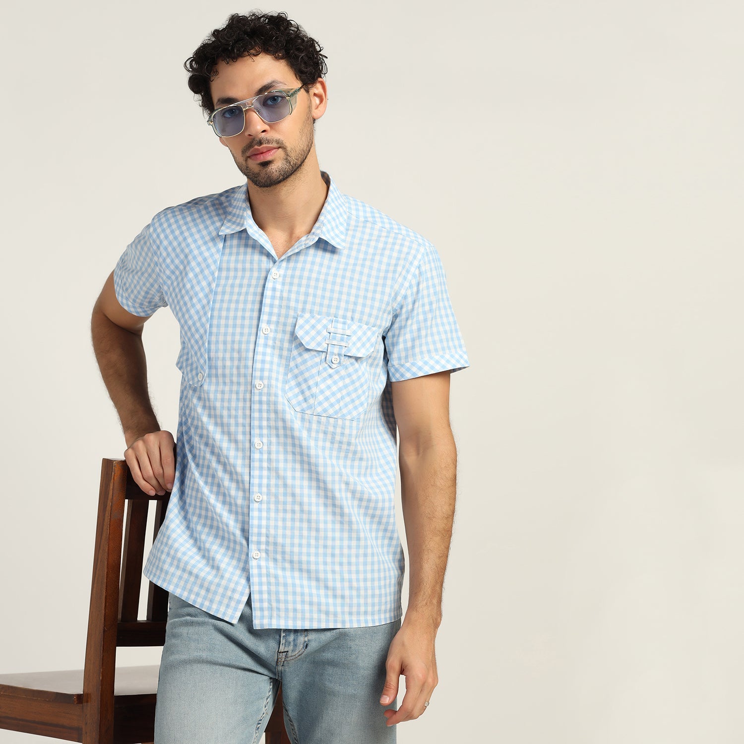 Stylish Blue Check Patch Shirt for Men