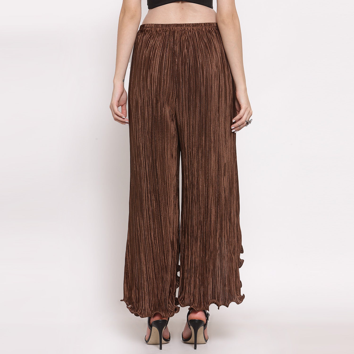 Brown Plisse Pant, Velvet Bell Bottom Pants , Stylish Women pants , Floral print palazzos