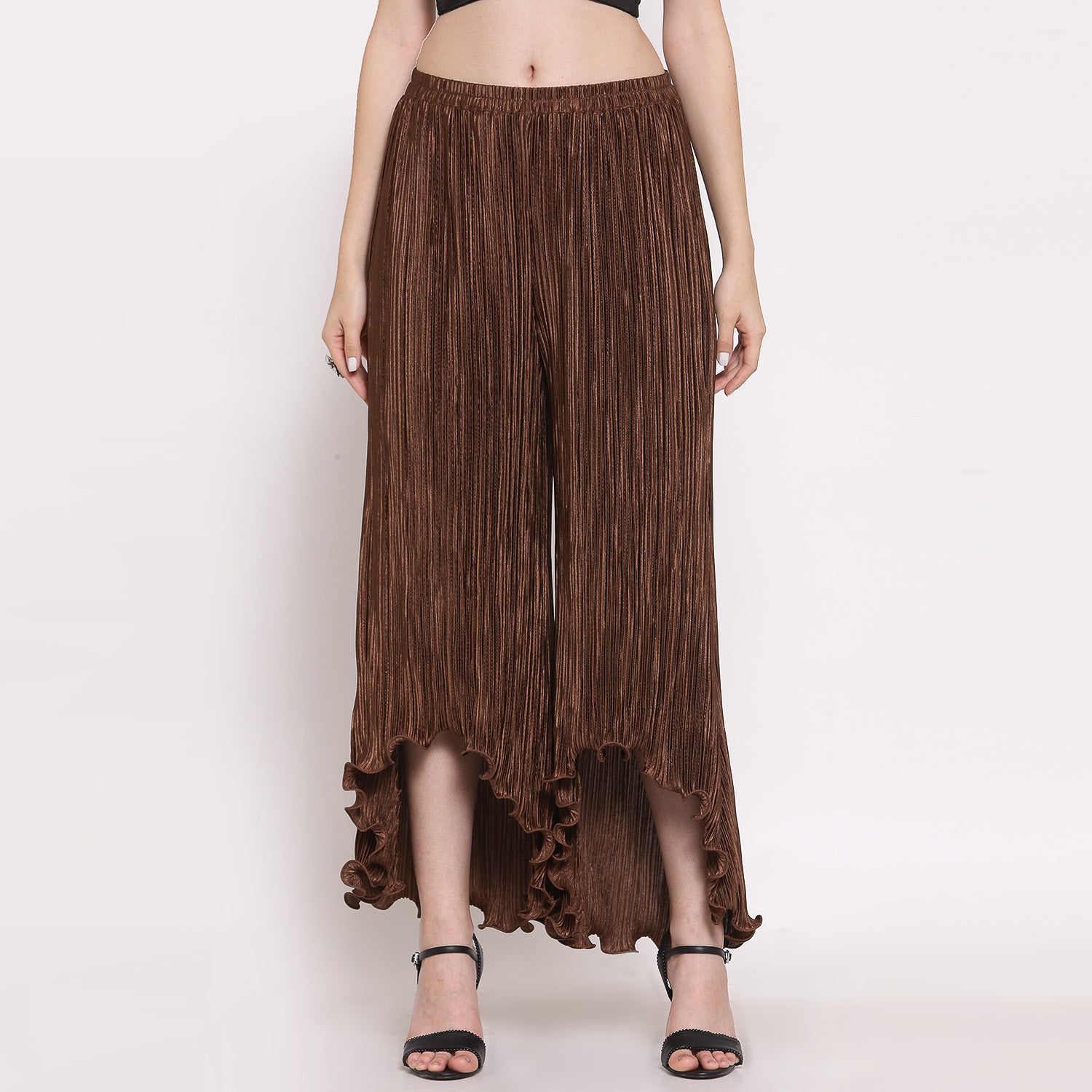 Brown Plisse Pant, Velvet Bell Bottom Pants , Stylish Women pants , Floral print palazzos