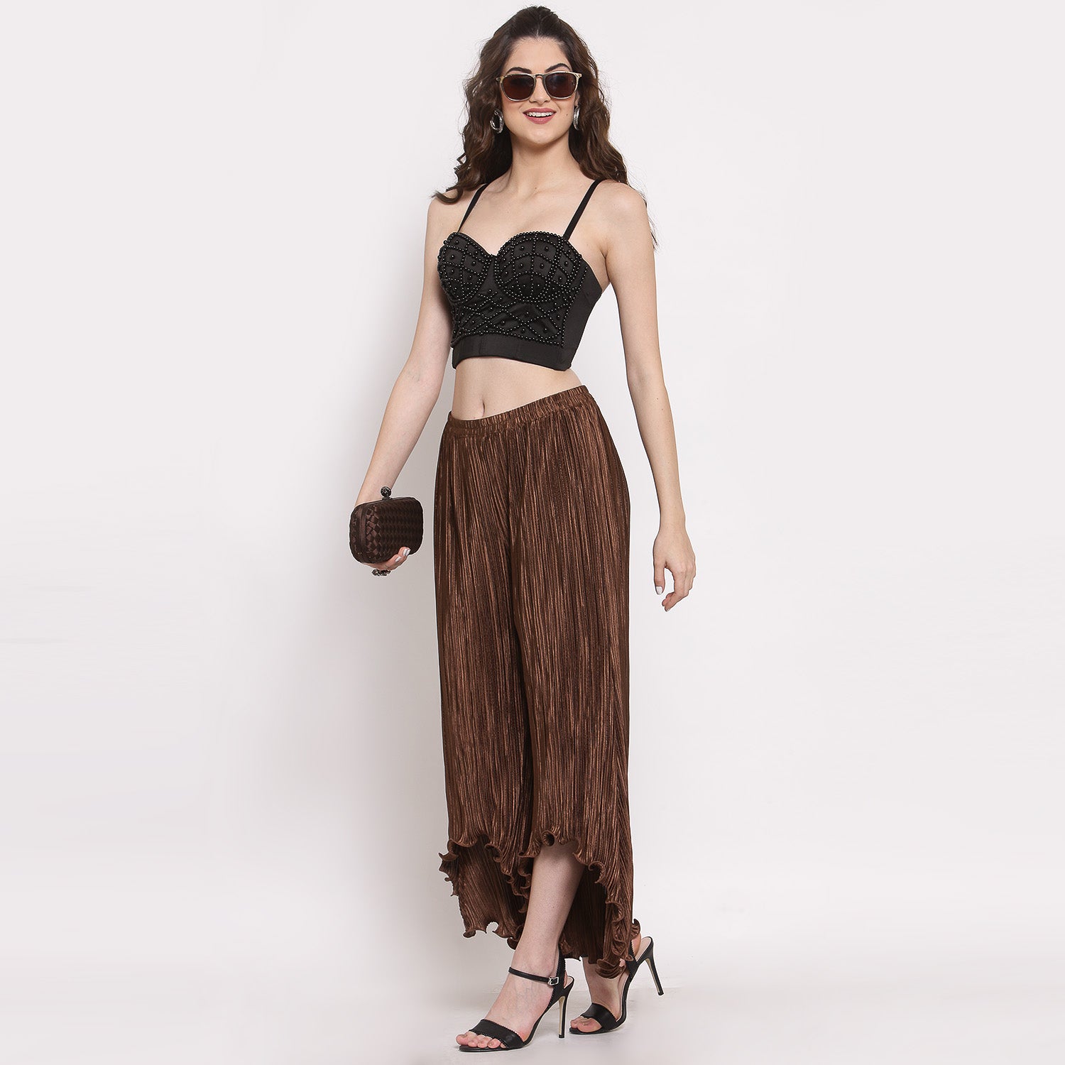 Brown Plisse Pant, Velvet Bell Bottom Pants , Stylish Women pants , Floral print palazzos