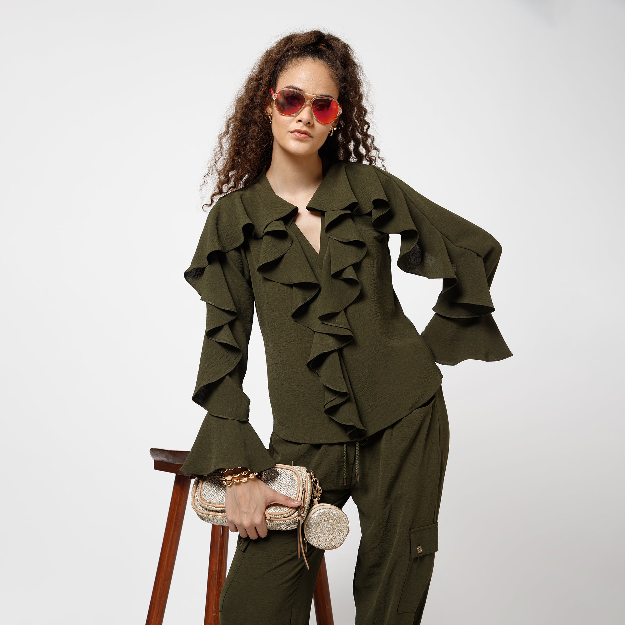 Green Crepe Frill Top