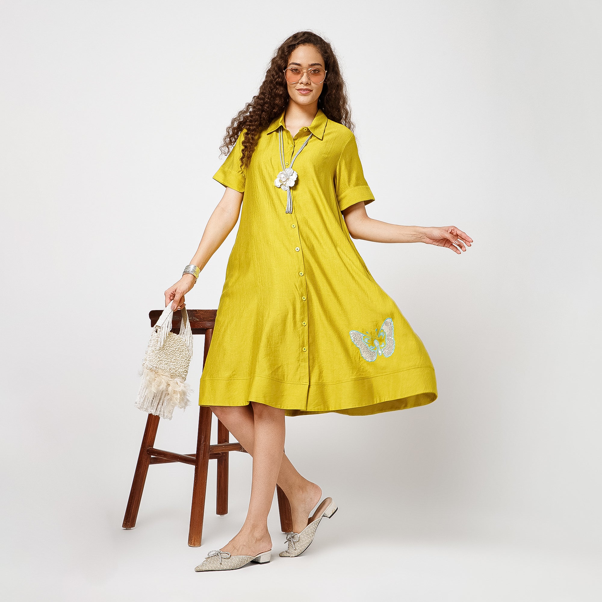 Olive Dress With Butterfly Embroidery