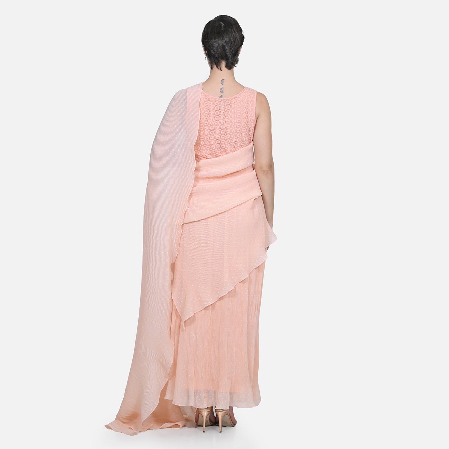 Peach Drape Saree with Floral Net & Plissé Georgette-5
