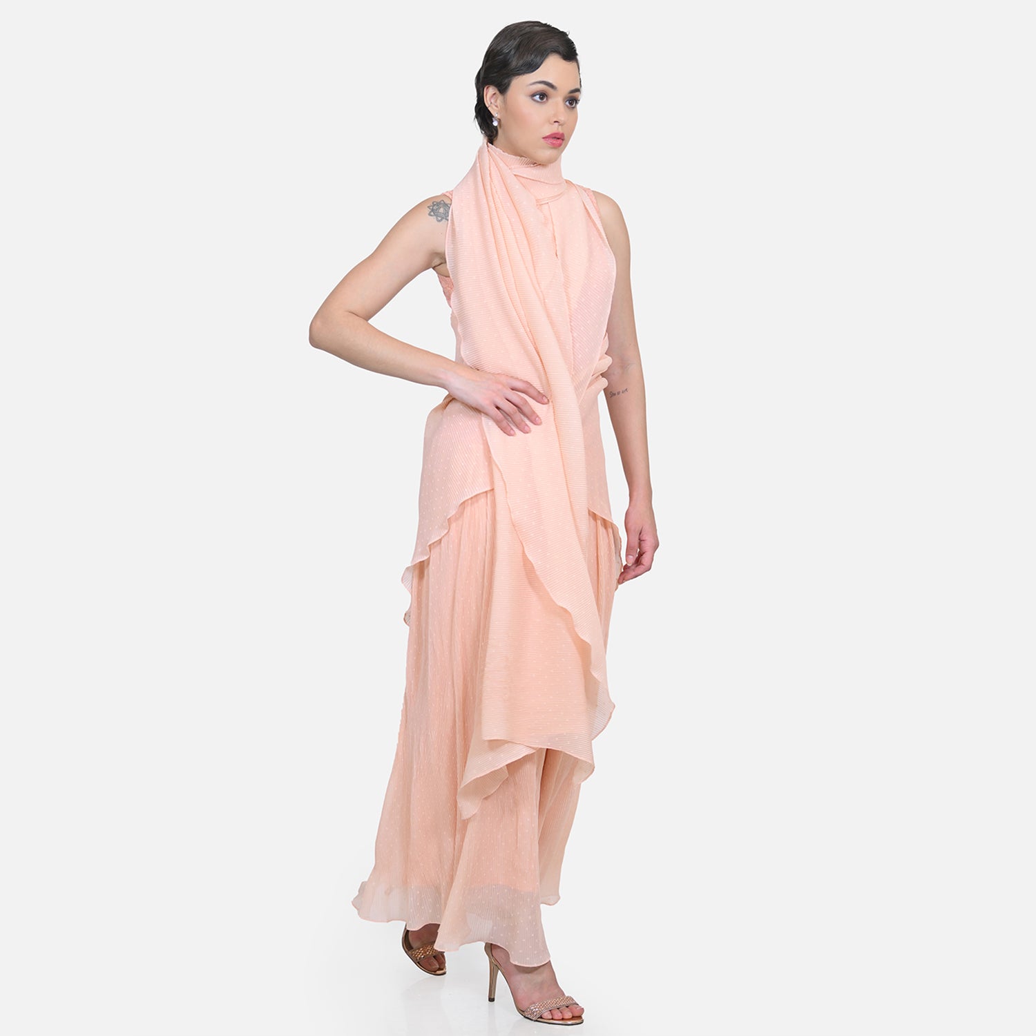 Peach Drape Saree with Floral Net & Plissé Georgette-3
