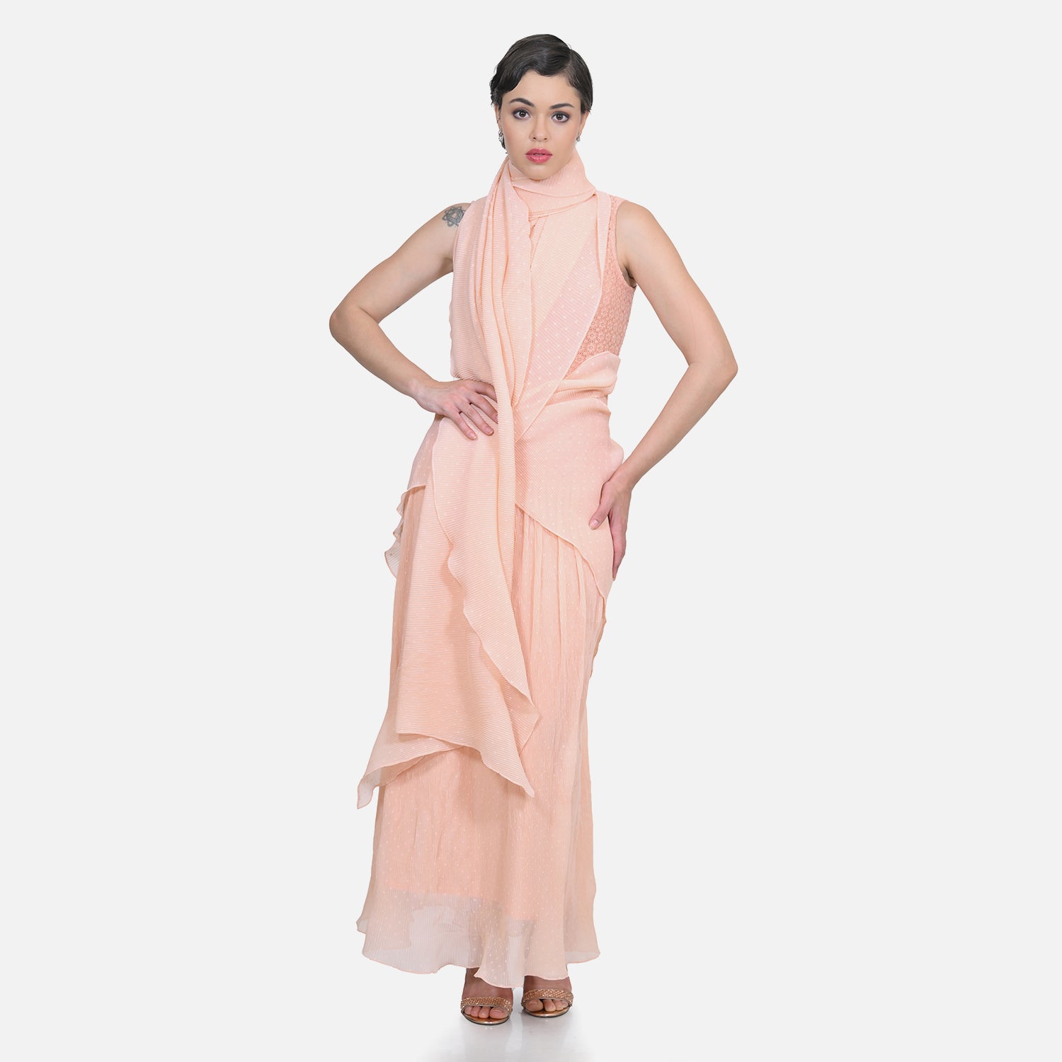 Peach Drape Saree with Floral Net & Plissé Georgette-6