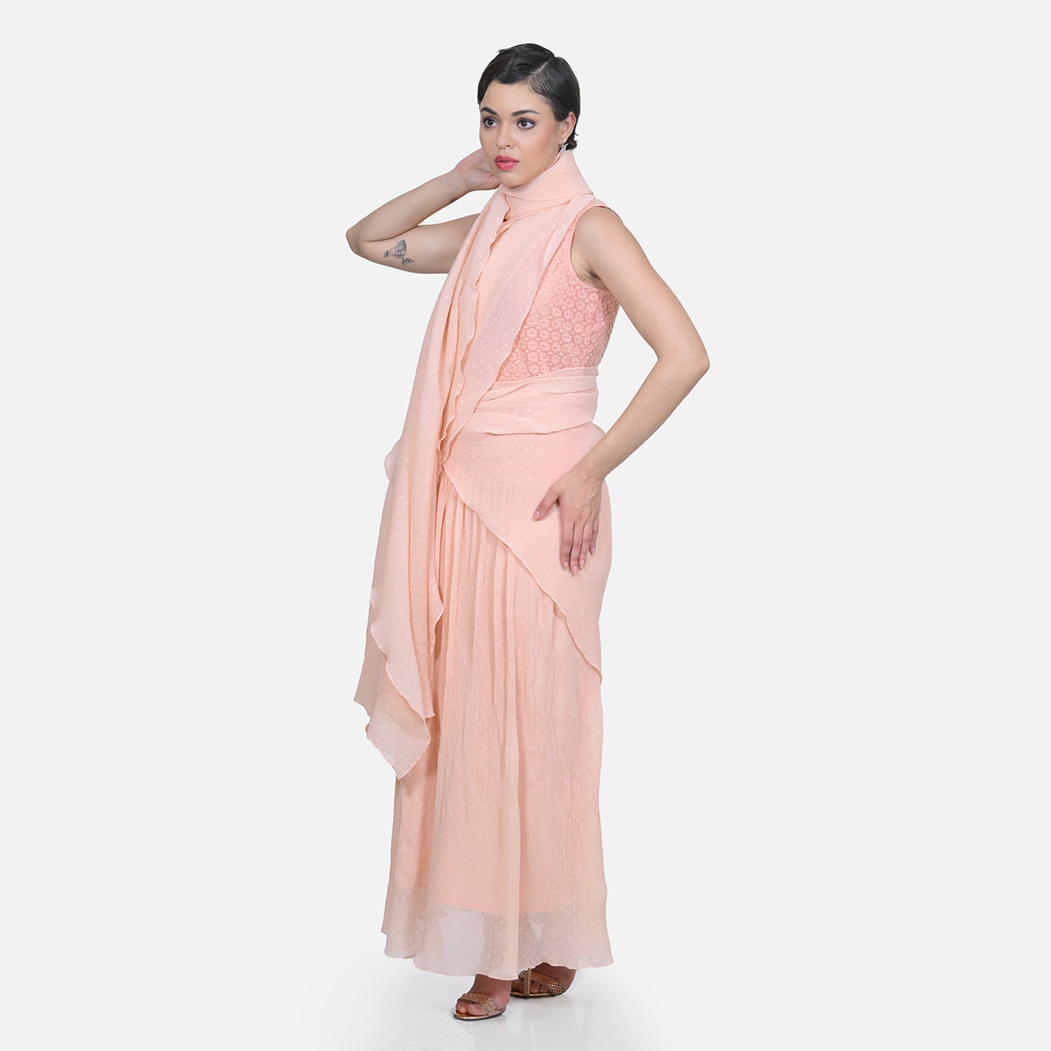 Peach Drape Saree with Floral Net & Plissé Georgette-2