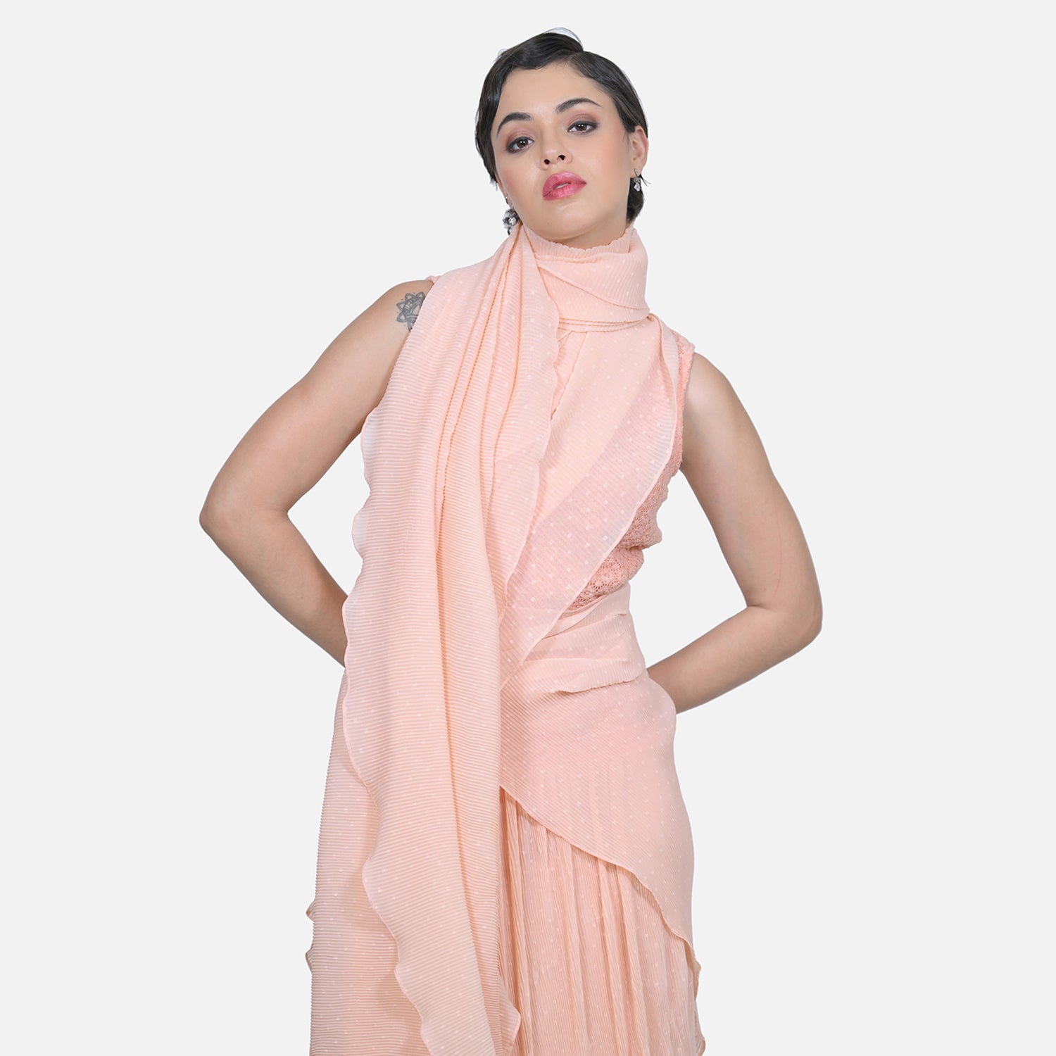Peach Drape Saree with Floral Net & Plissé Georgette-4