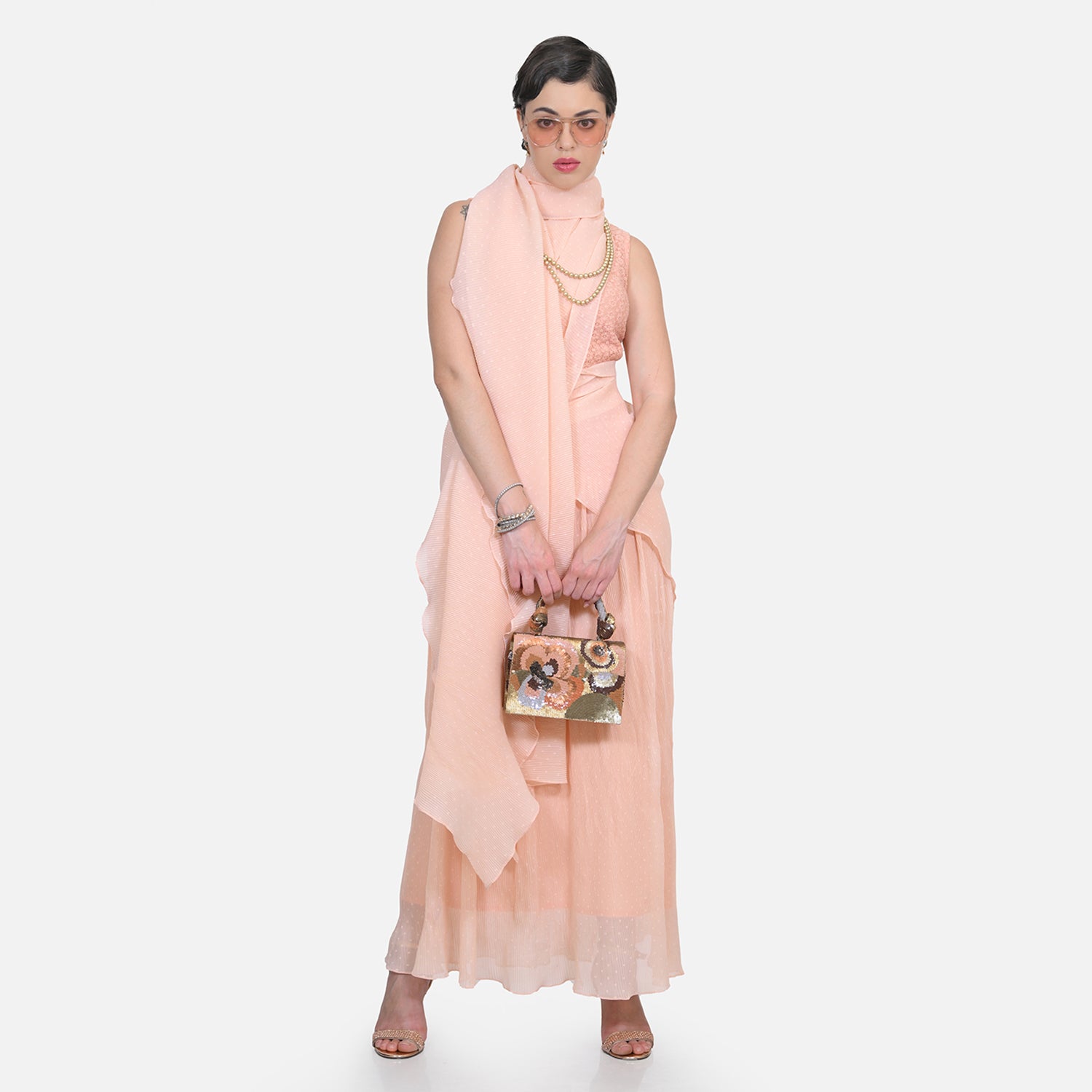 Peach Drape Saree with Floral Net & Plissé Georgette