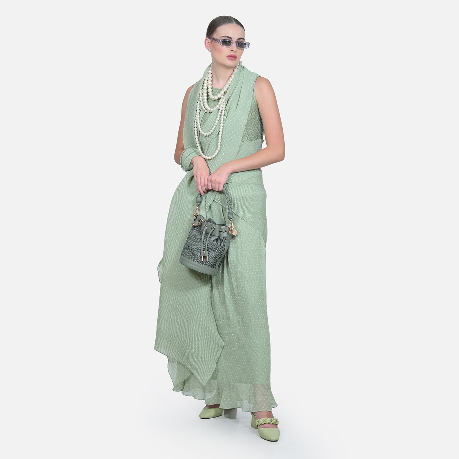 Green Drape Saree with Floral Net & Plissé Georgette-5