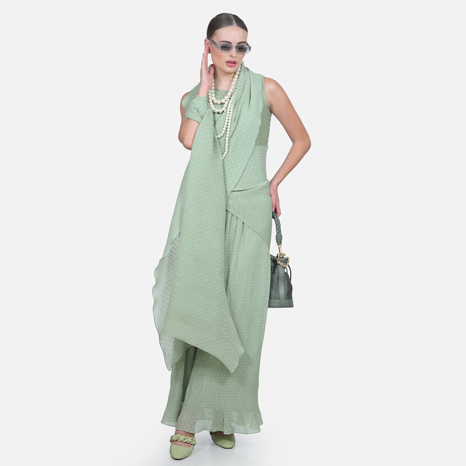 Green Drape Saree with Floral Net & Plissé Georgette