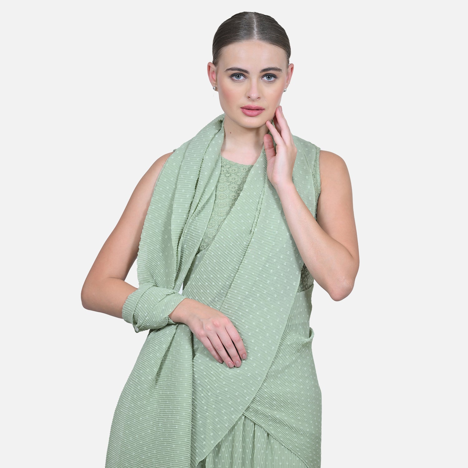 Green Drape Saree with Floral Net & Plissé Georgette-3