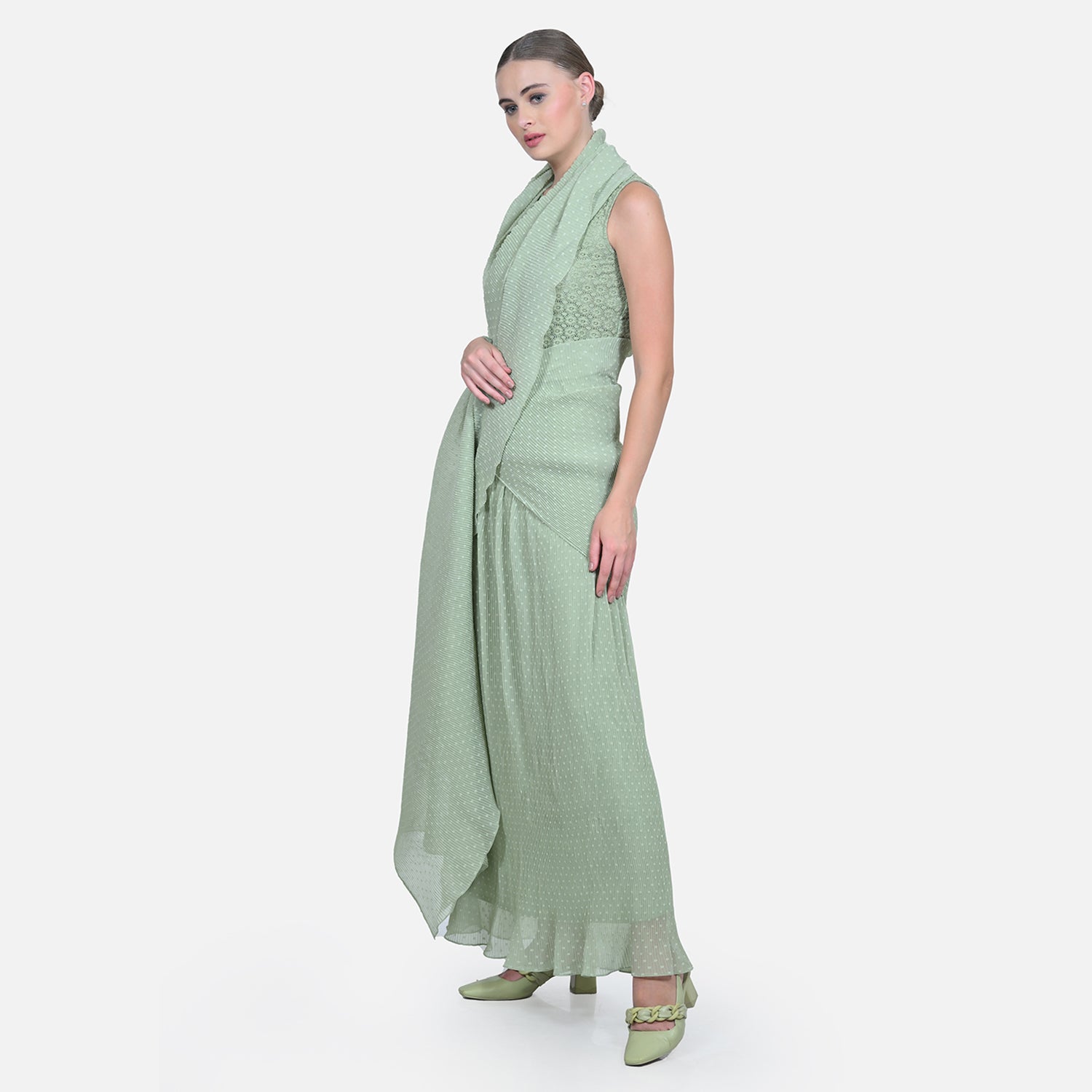 Green Drape Saree with Floral Net & Plissé Georgette-1