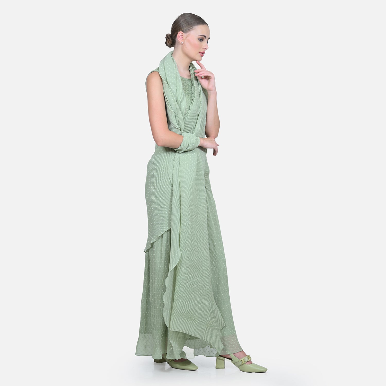 Green Drape Saree with Floral Net & Plissé Georgette-2