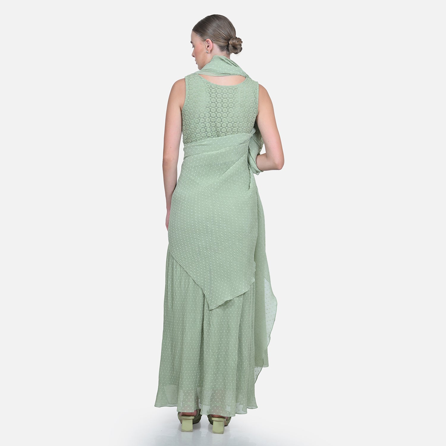 Green Drape Saree with Floral Net & Plissé Georgette-4