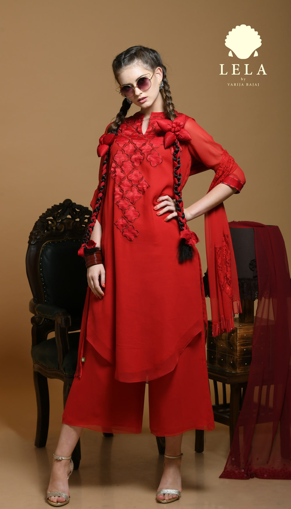 Red Georgette Asymmetrical Satin Patch Embroidery Tunic