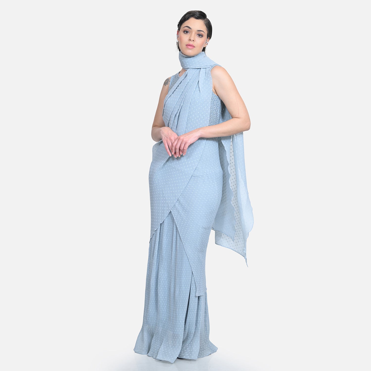 Grey Drape Saree with Floral Net & Plissé Georgette-2