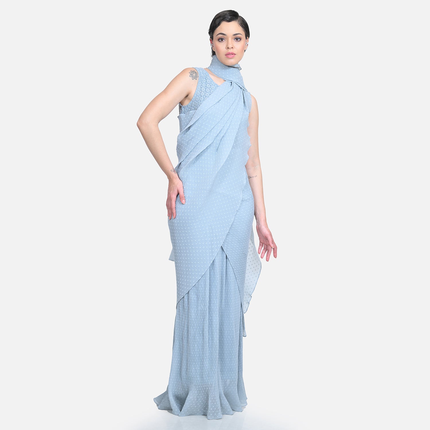 Grey Drape Saree with Floral Net & Plissé Georgette-3