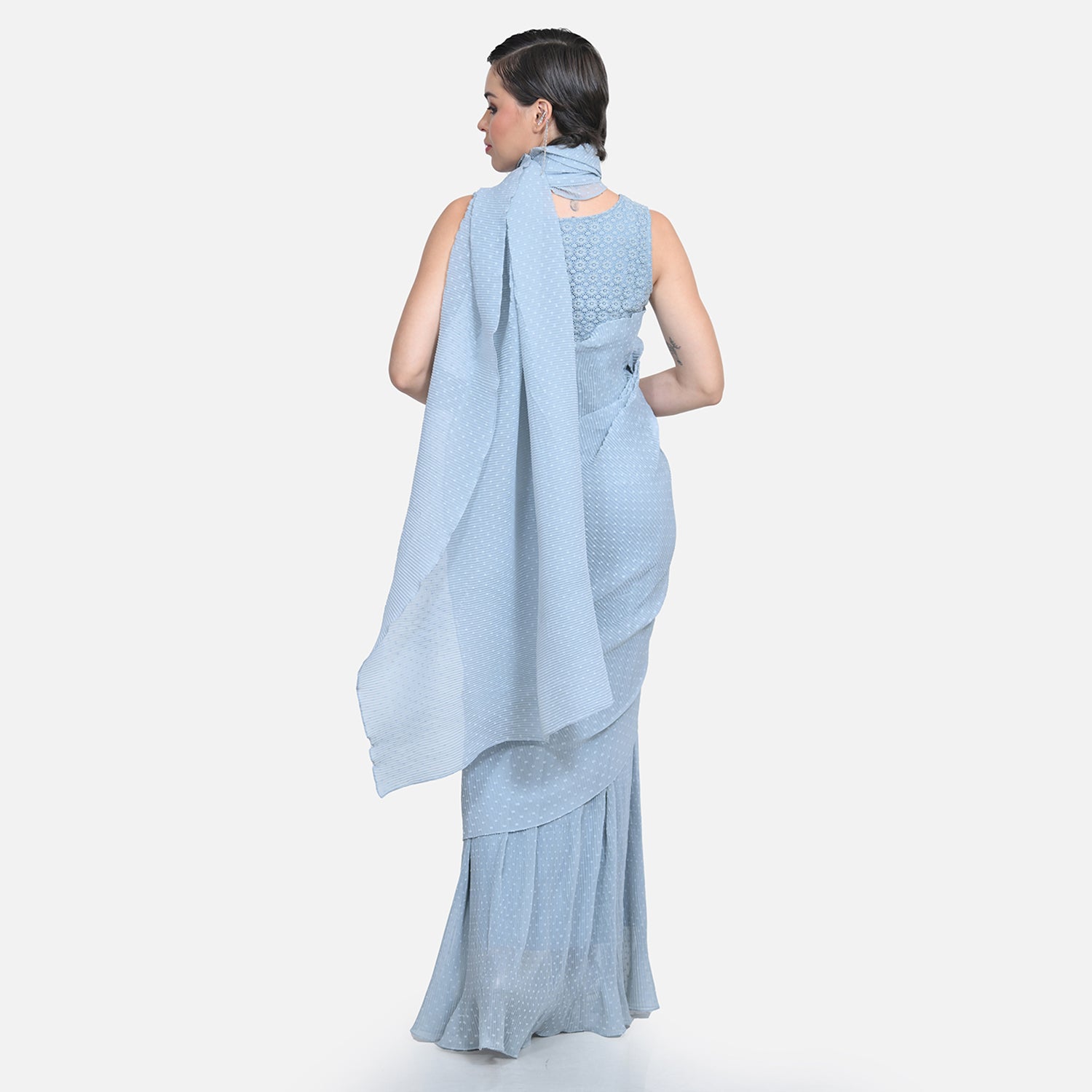 Grey Drape Saree with Floral Net & Plissé Georgette-4