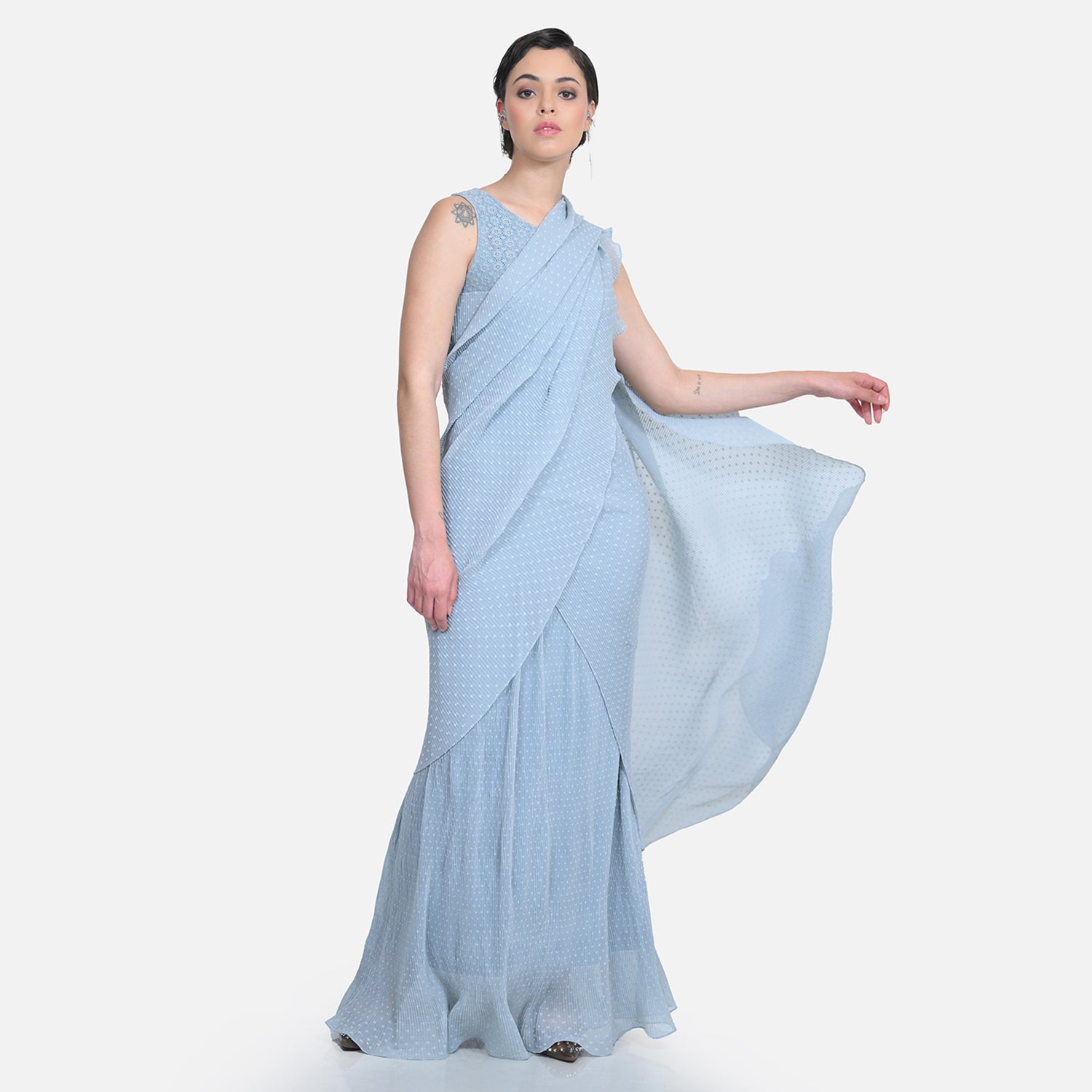 Grey Drape Saree with Floral Net & Plissé Georgette-5