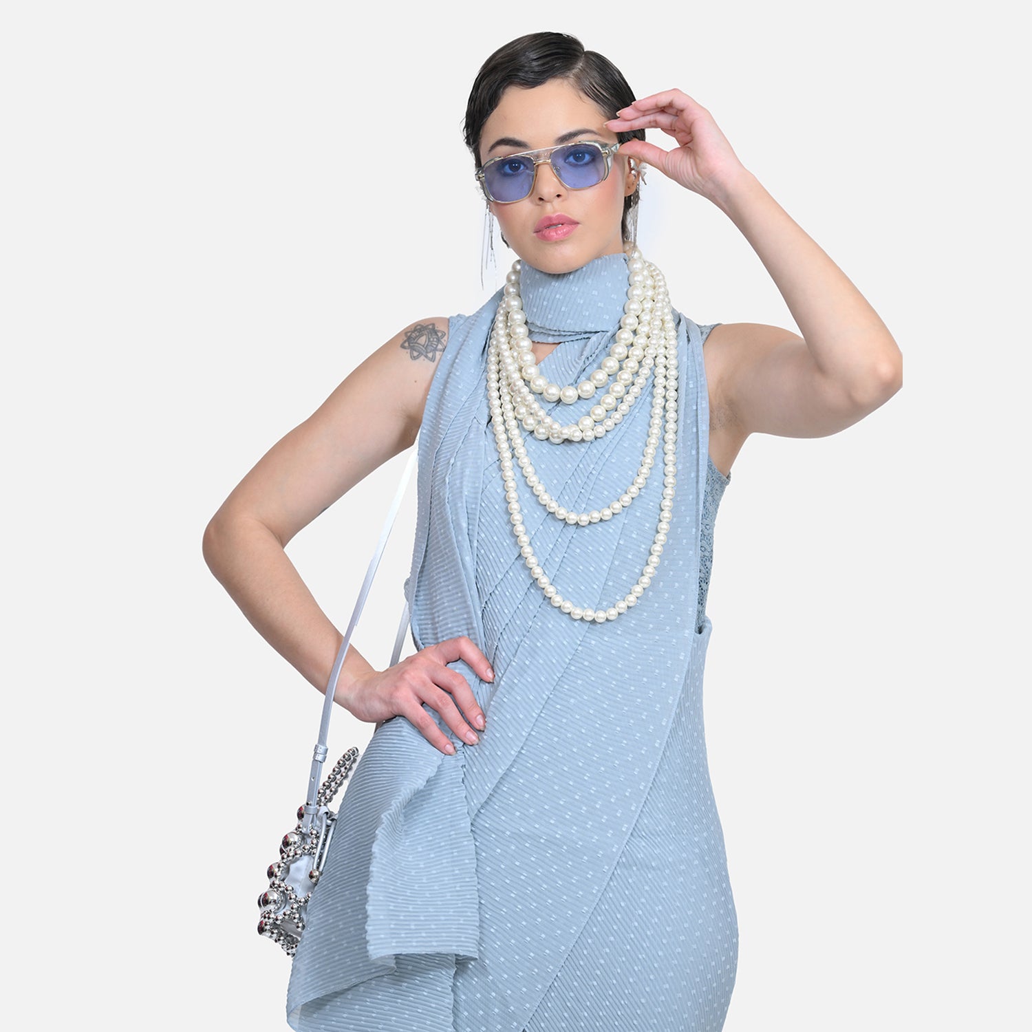 Grey Drape Saree with Floral Net & Plissé Georgette-1