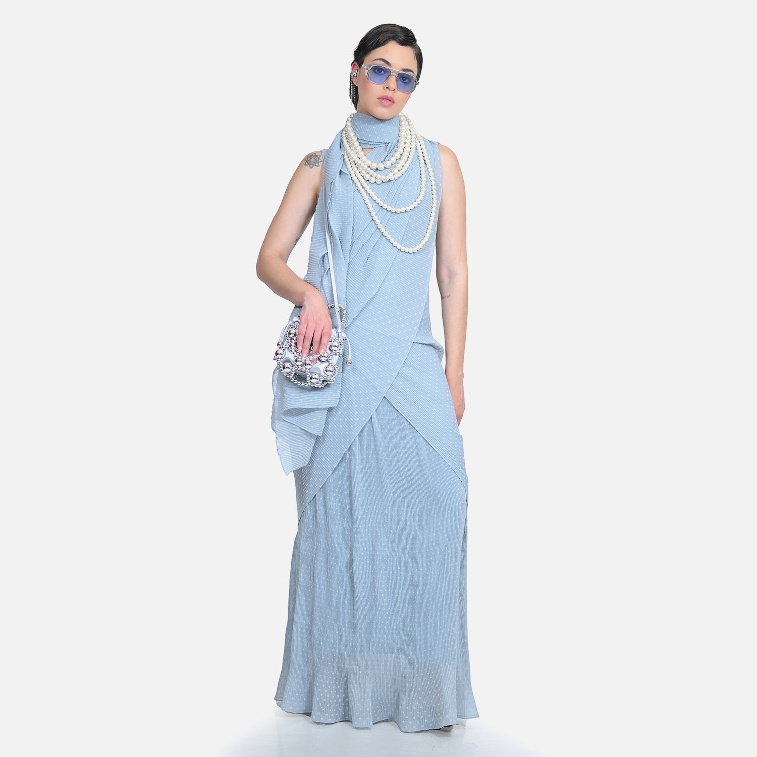 Grey Drape Saree with Floral Net & Plissé Georgette