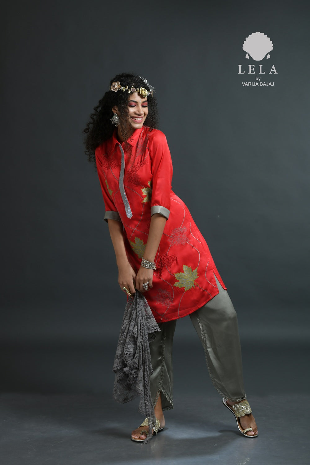 Red Tye N Dye Kurti With Grey Patch Work