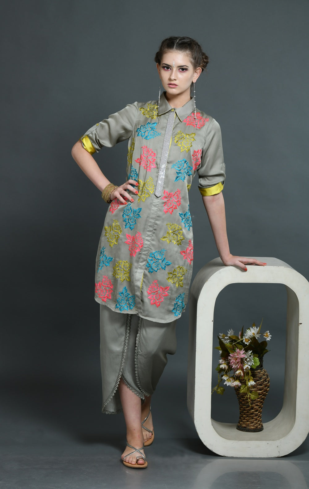 Grey Tunic With Multi Colour Flower
