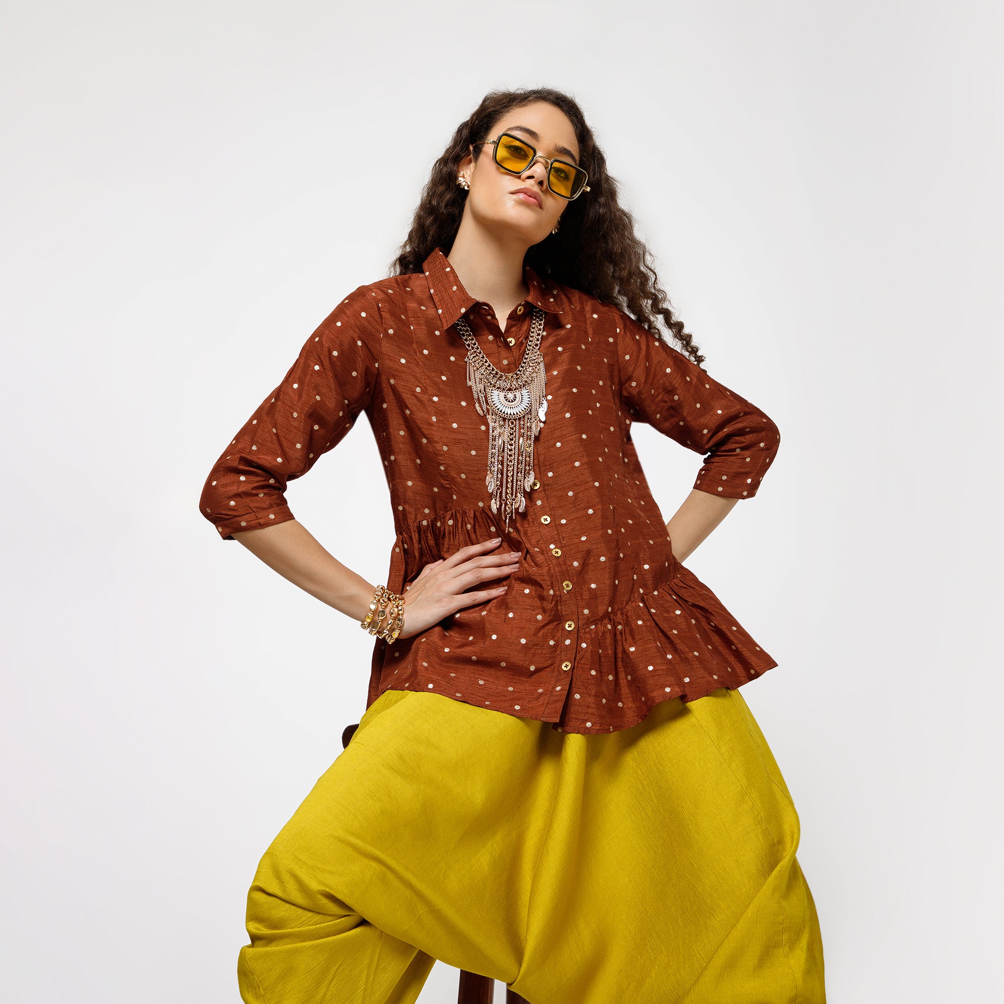 Brown Brocade Asymmetrical Peplum Top
