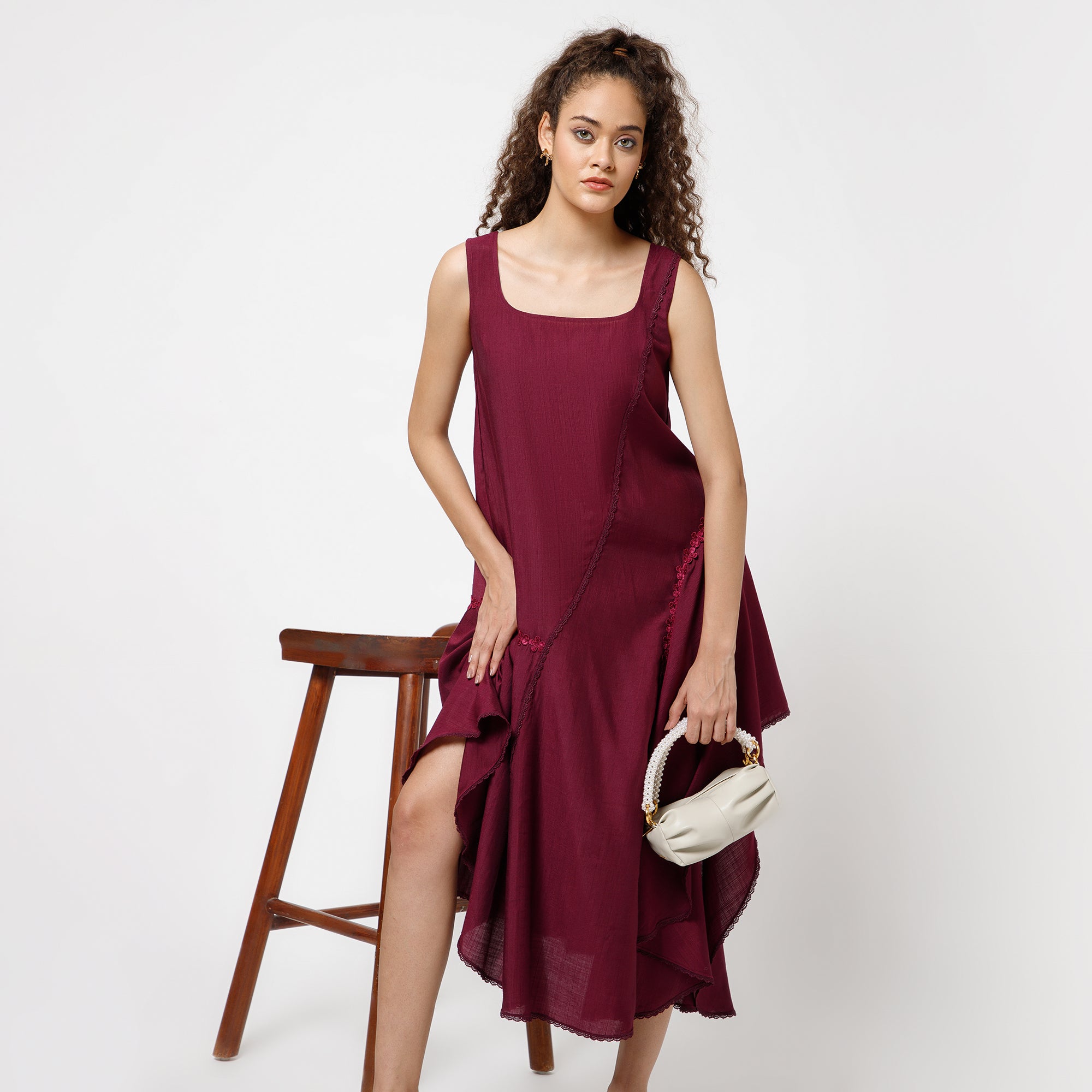 Prune Square Neck Dress With Lace