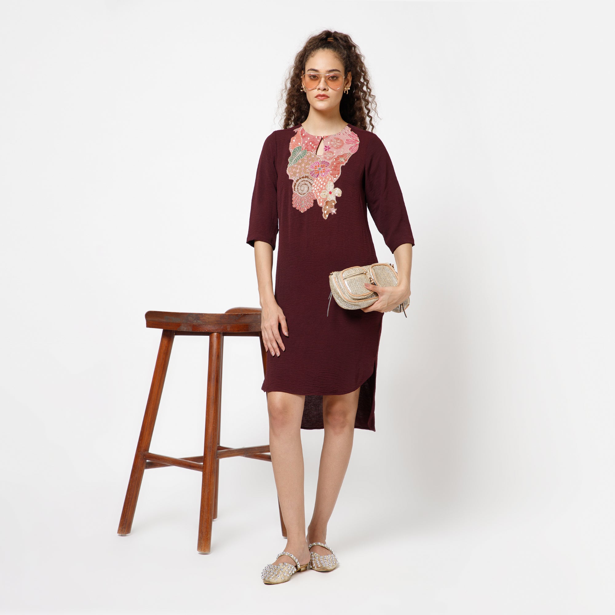 Prune Crepe Dress With Patch Embroidery