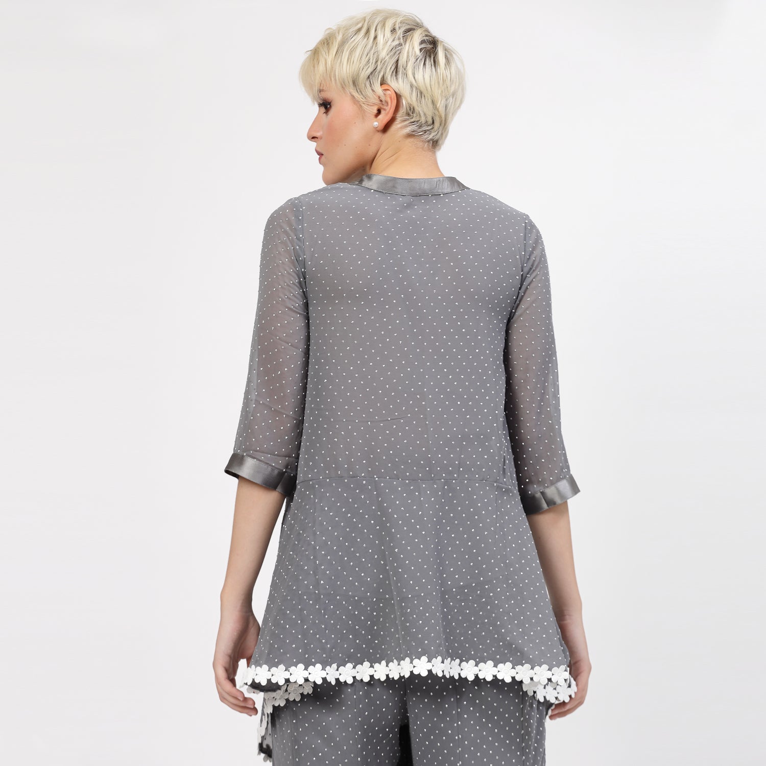 Grey Georgette Assymetrical Top with Silver Dots, tops for women, crop top, crop tops for women, organza tops