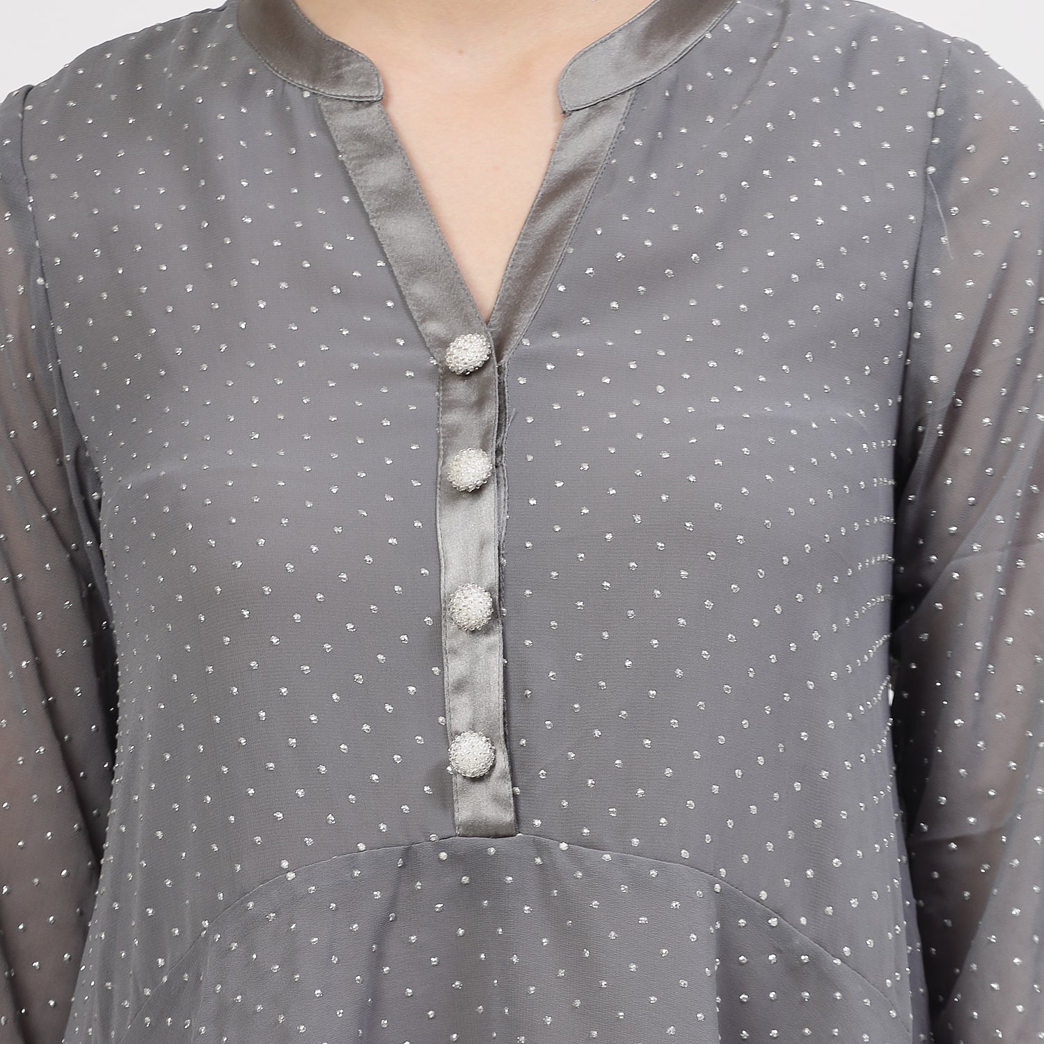 Grey Georgette Assymetrical Top with Silver Dots, tops for women, crop top, crop tops for women, organza tops