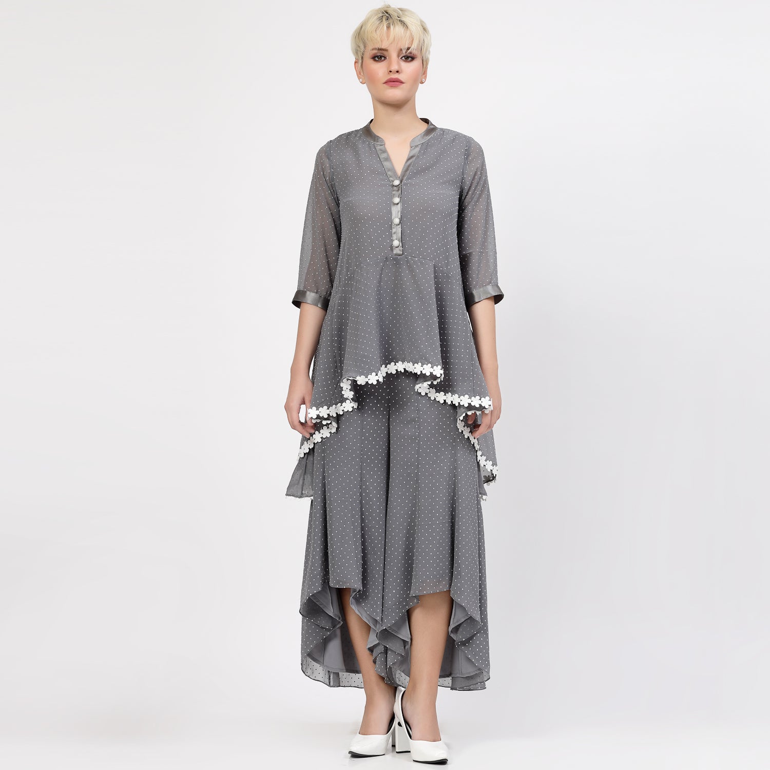 Grey Georgette Assymetrical Top with Silver Dots, tops for women, crop top, crop tops for women, organza tops