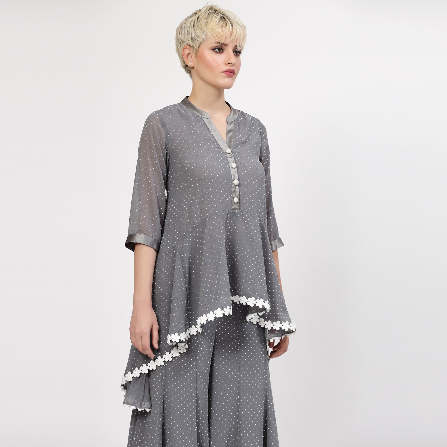 Grey Georgette Assymetrical Top with Silver Dots, tops for women, crop top, crop tops for women, organza tops