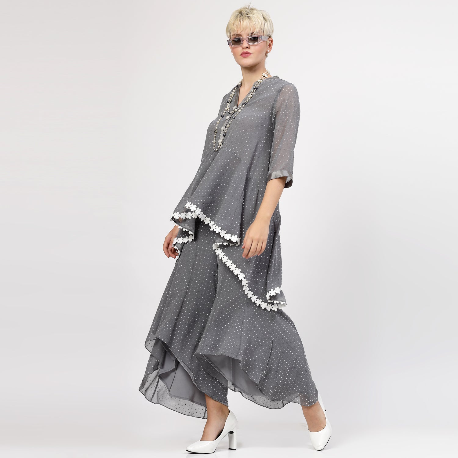 Grey Georgette Assymetrical Top with Silver Dots, tops for women, crop top, crop tops for women, organza tops