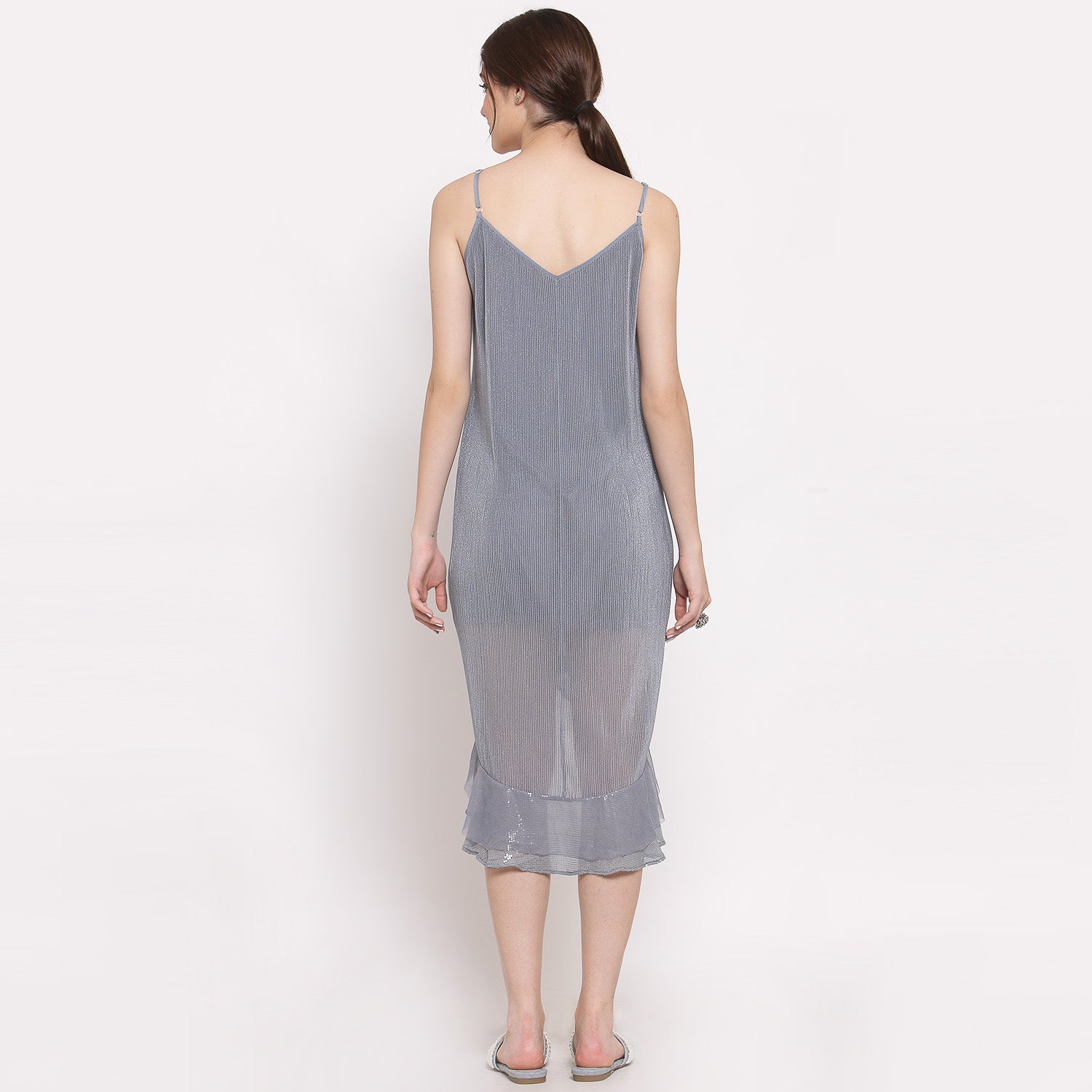 Grey Plisse Asymmetric Dress for Women-3