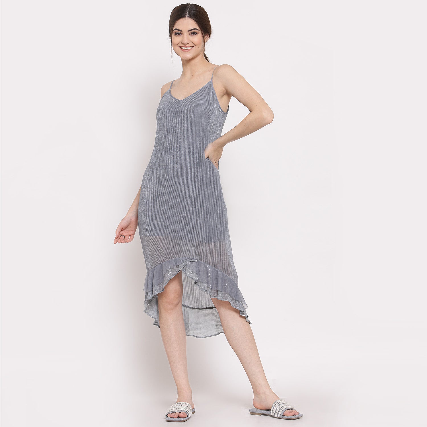 Grey Plisse Asymmetric Dress for Women-6