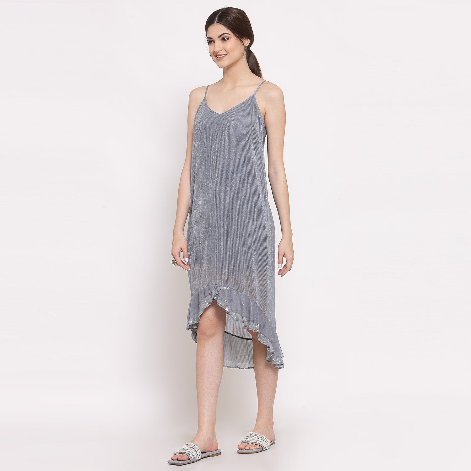 Grey Plisse Asymmetric Dress for Women-1