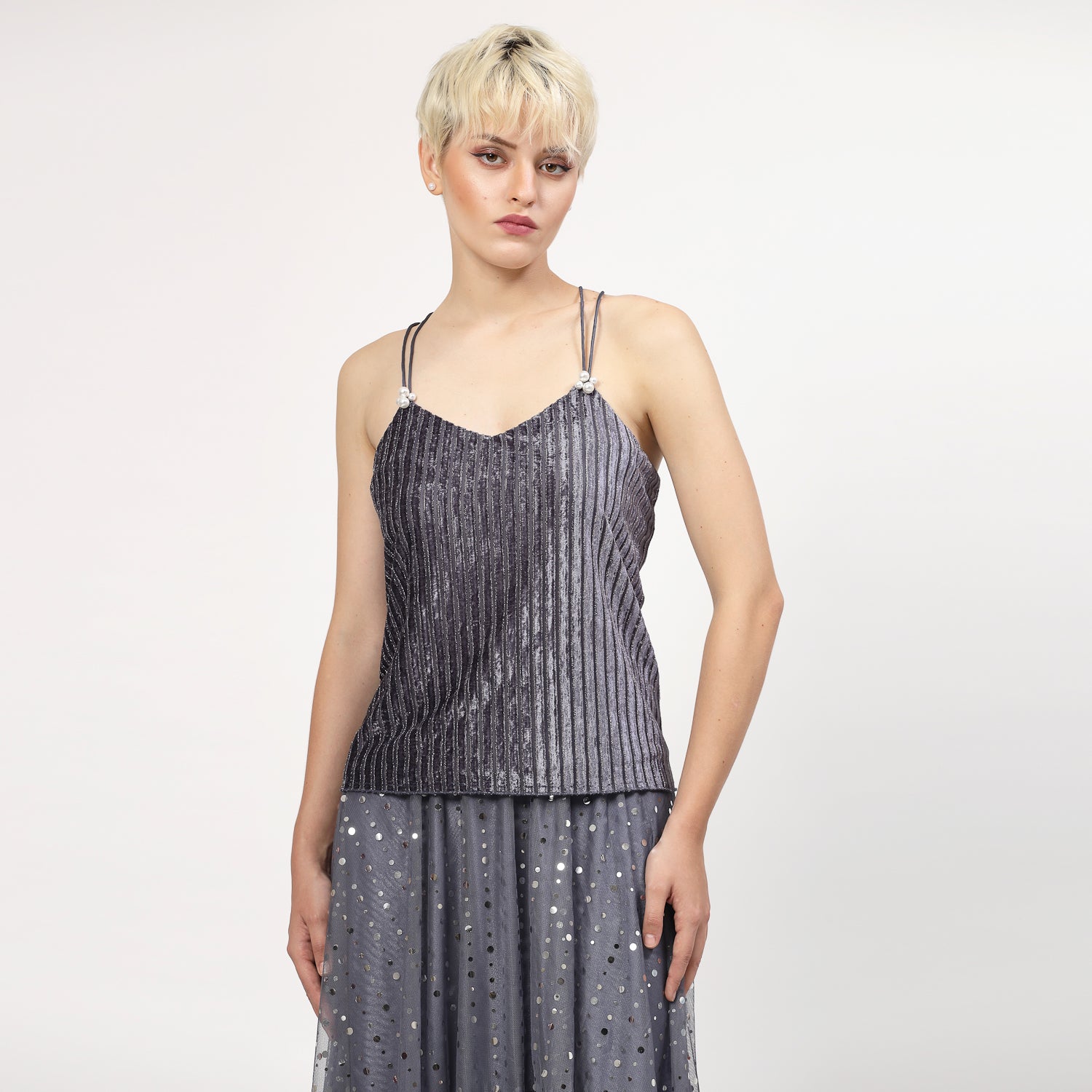 Grey Velvet Spaghetti Top with Strings & Pearl Beads