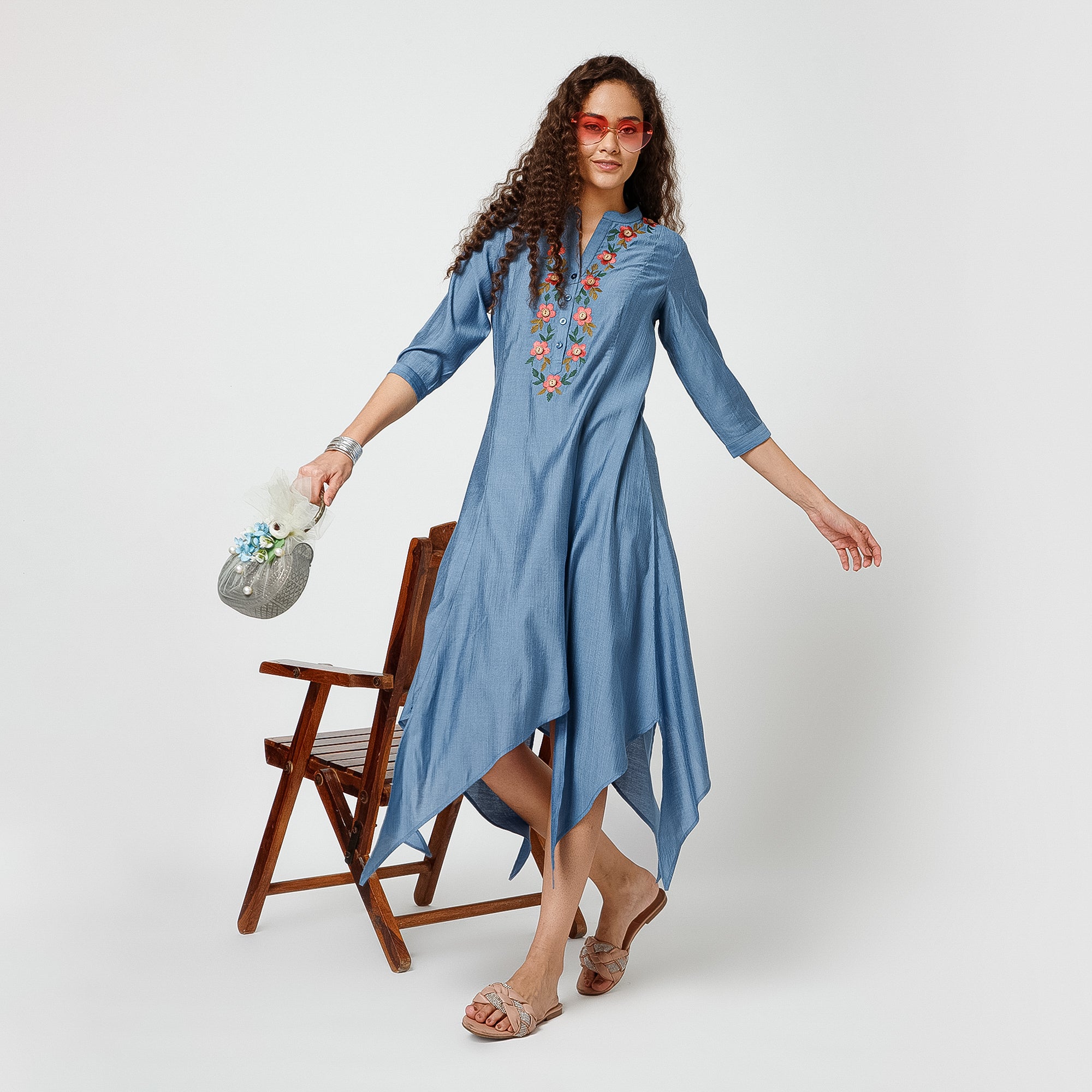 Blue Triangle Dress With Button Embroidery