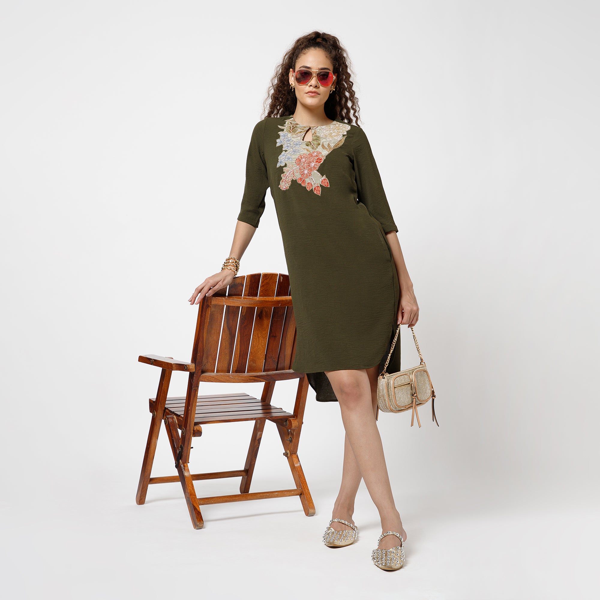 Green Crepe Dress With Patch Embroidery