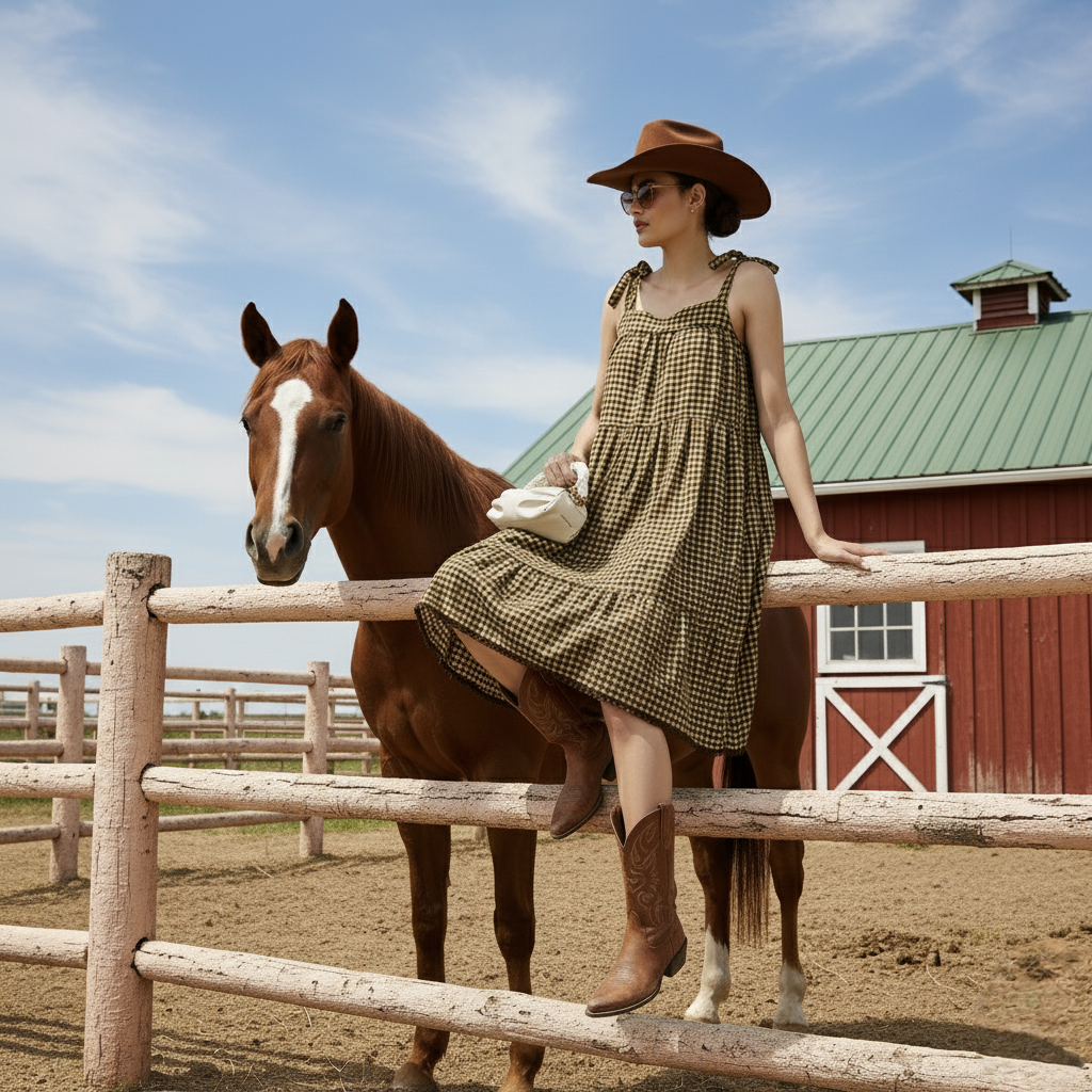 Brown Yellow Check Tiered Dress