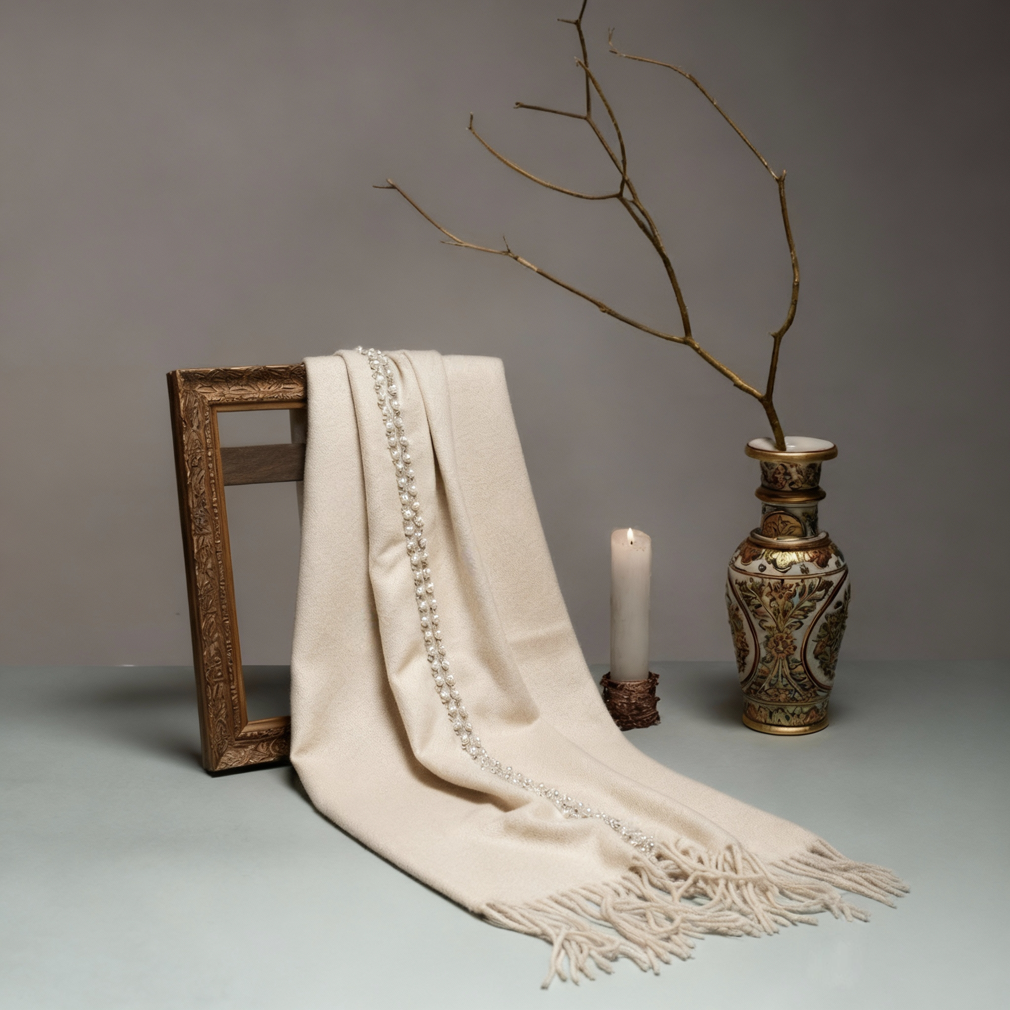 Off White Stole With Crystal And Pearls